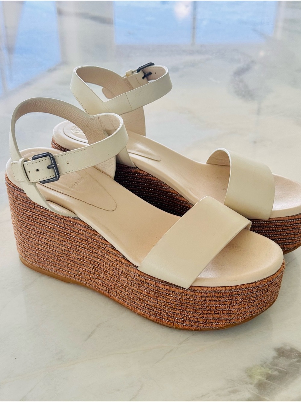 Brunello Cucinelli Cream Leather Platform Ankle-Strap Sandals